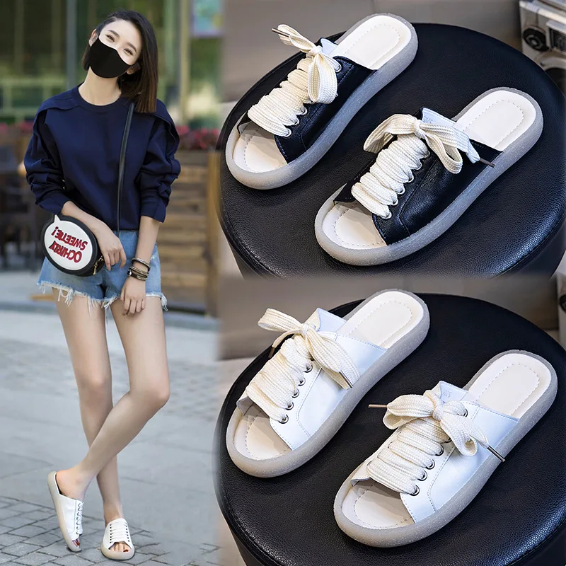 

Cow Leather Slippers Wear 2021 New Summer Fashion Leisure Breathable Fish Mouth Versatile Flat Bottom Sandals