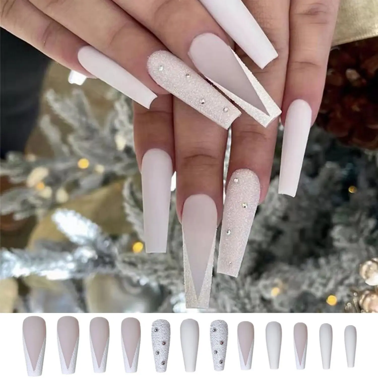 

24Pcs Fake Nails Long Frosted V-shaped French Detachable False Nails Full Cover With Designs Coffin Ballerina Press On Nails