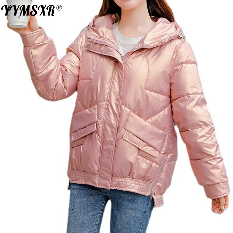 

Women's Shiny Coat 2021 Winter New Short Down Cotton Stand-up Collar Bread Jacket Fashion Casual Long-sleeved Ladies Cotton Coat