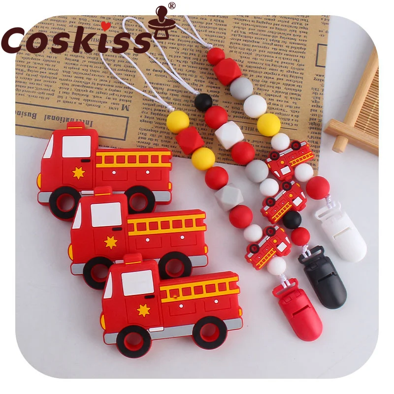 

Coskiss Baby Pacifier Chain Cartoon Fire Truck Teether Set Nipple Dummy Clip Holder Infant Silicone Teething Soother Molar