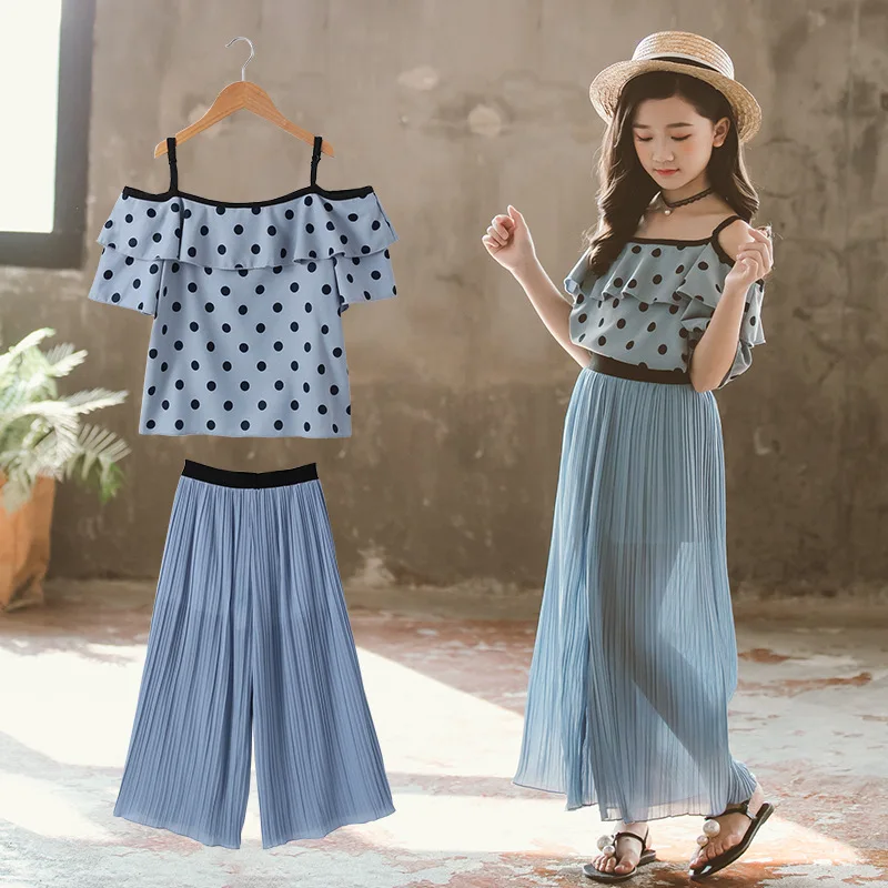 2021 летняя одежда для девочек Платье из шифона в горошек майка на петельках + сетка