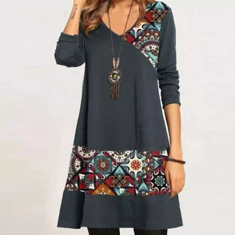 

2021 Spring Vintage Patchwork Print Dress Women New Elegant V-Neck Party Dresses Casual Fashion Long Sleeve A-Line Dress Vestido
