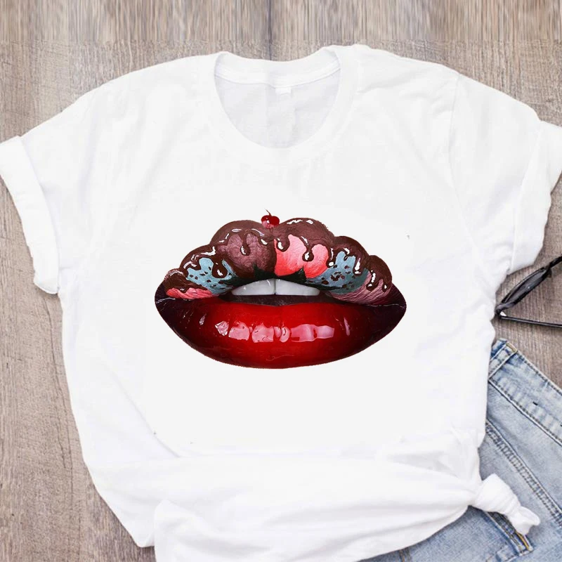 

Design Kawaii Kpop Short Sleeve T-Shirts For Girls Art Rainbow Color Cartoon Lip Women's Summer T-Shirts Cool Women Clothing