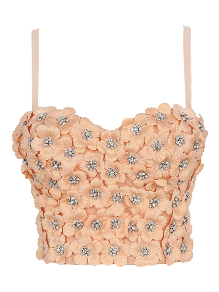 Irene Tinnie Sexy Tops Diamond Beading Flowers Tops Push Up Women's Holiday Corset Bustier Bra Night Club Party Cropped Top Vest