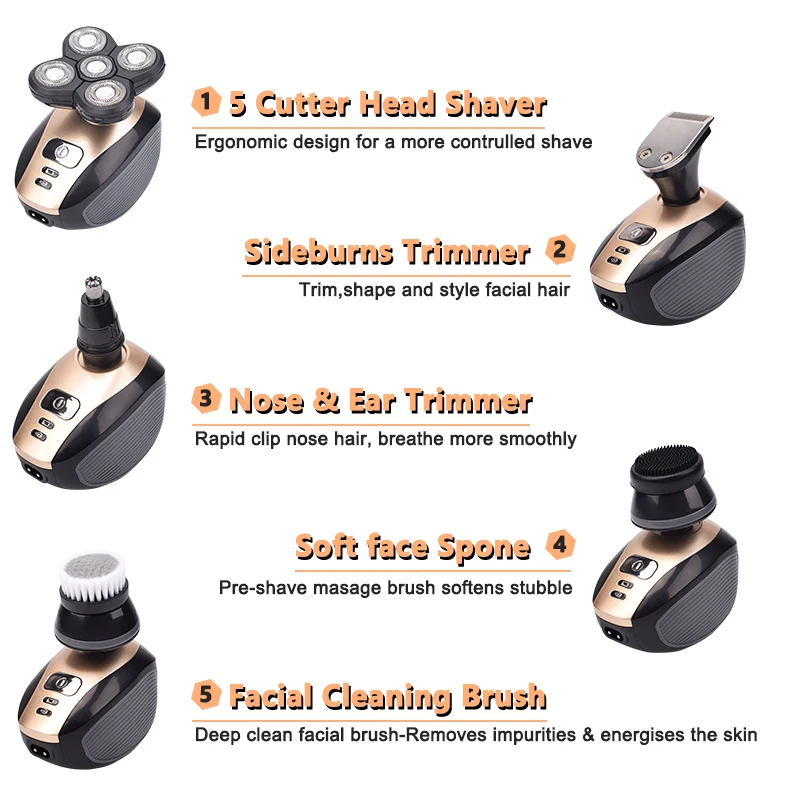 

4D 5 in 1 plug-in male razor, 5 floating heads, beard, nose, ears, hair, facial brush, shaver