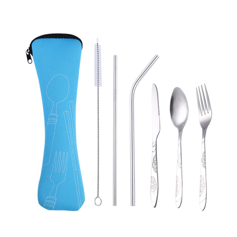 6pcs light blue Hifuar 3 шт./компл. Нержавеющая сталь набор посуды для располагаться лагерем перемещения столовый набор из вилок ужин посуда Чехол комплект с матерчатые мешки - Цвет: 6pcs light blue