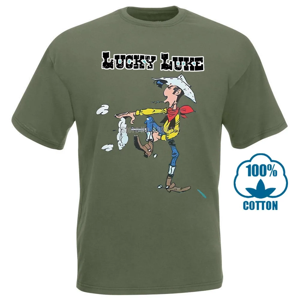 Армейский зеленый Lucky Luke Comics ковбой Уайлдер Вестерн Прохладный Лето Мужская Новая футболка Личность граффити - Цвет: Армейский зеленый