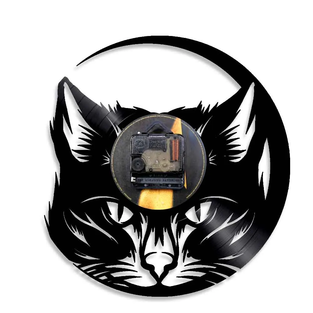 Настенные часы с изображением головы кошки Meow, Черный кот, Виниловая пластинка, часы, настенные художественные, кошачий магазин, Декор, винтажные животные, кот, любовник, часы для оформления дома