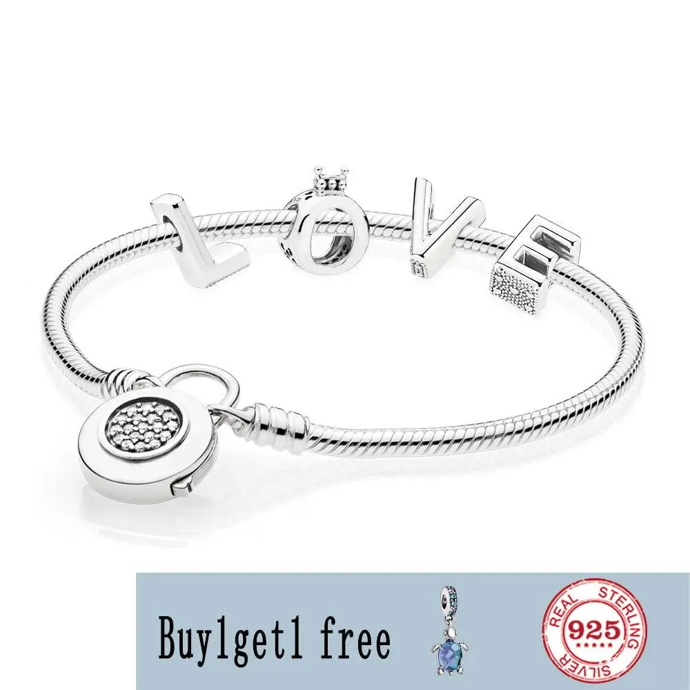 

100% 925 Sterling Silver CZ SMOOTH pan BRACELET WITH SIGNATURE PADLOCK Set