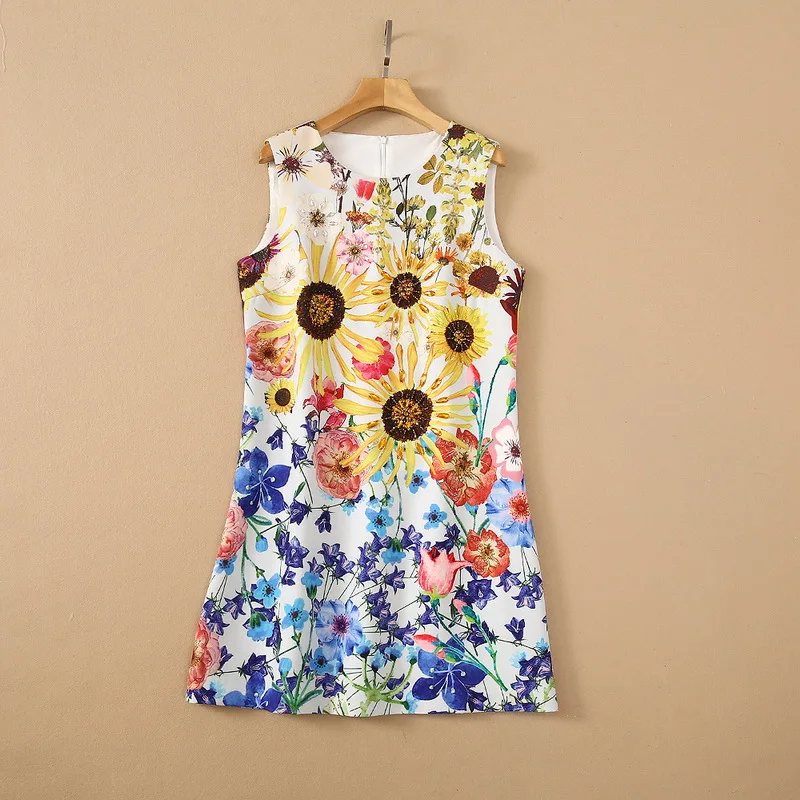 

Europe and the United States women's clothing New Summer 2021 Sleeveless sunflower print nail bead Fashion dress