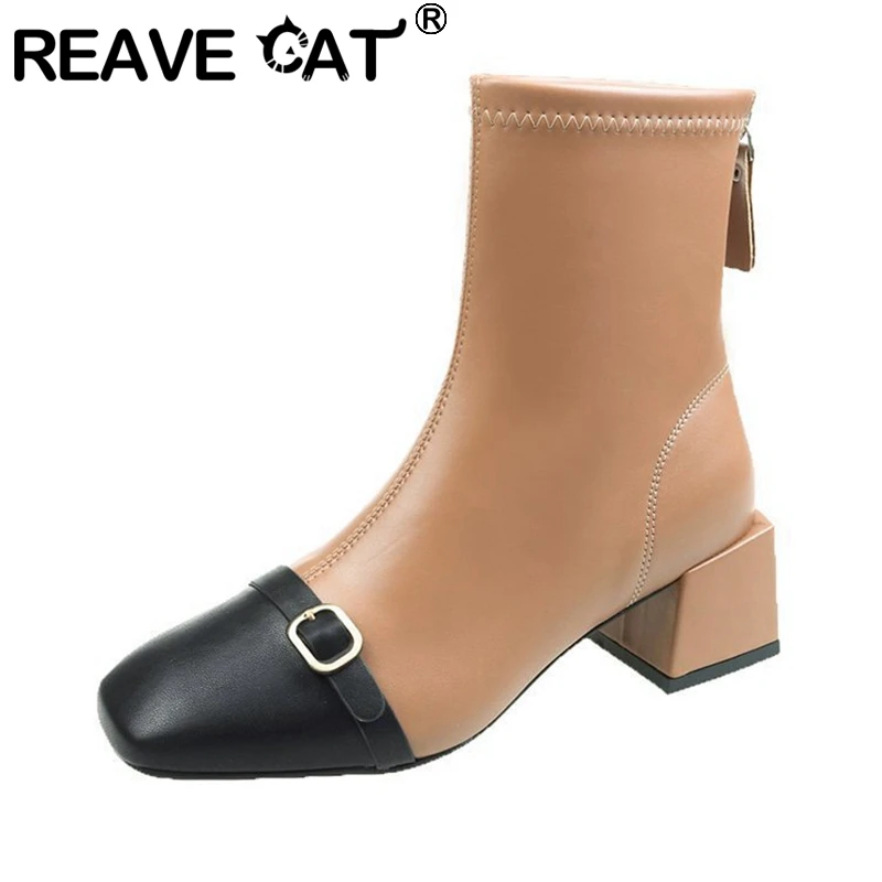 

REAVE CAT 2021 Women Handmade Ankle Boots Zipper Pu Leather Classic Square Toe Ladies Party Dress Shoes Size 34-40 F1467