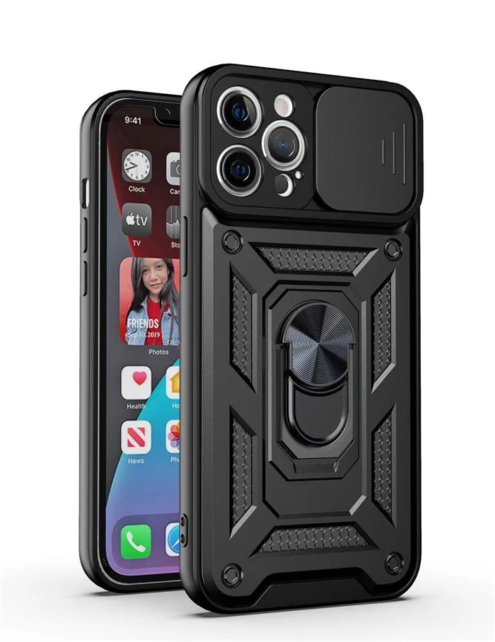 

3-in-1 Magnetic Ring Holder Armor Shockproof Camera Sliding Window Protection Phone Case For iphone 11 12 13 Pro Max Xr Xs X