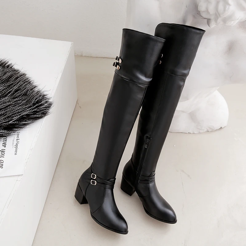 black boots Большие размеры 48; женские ботфорты выше колена на блочном каблуке с пряжкой и ремешком; высокие сапоги черного и белого цвета; женская зимняя обувь - Цвет: black boots