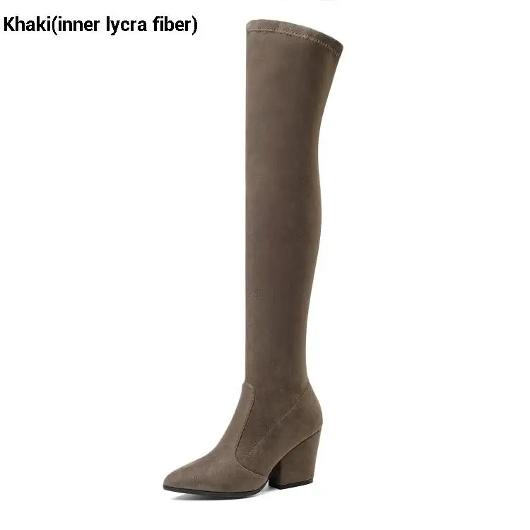 Khaki(lycra) CDAXILAN/Новое поступление, Сапоги выше колена женские сапоги до бедра из искусственной замши женские зимние сапоги на высоком каблуке 8 см - Цвет: Khaki(lycra)