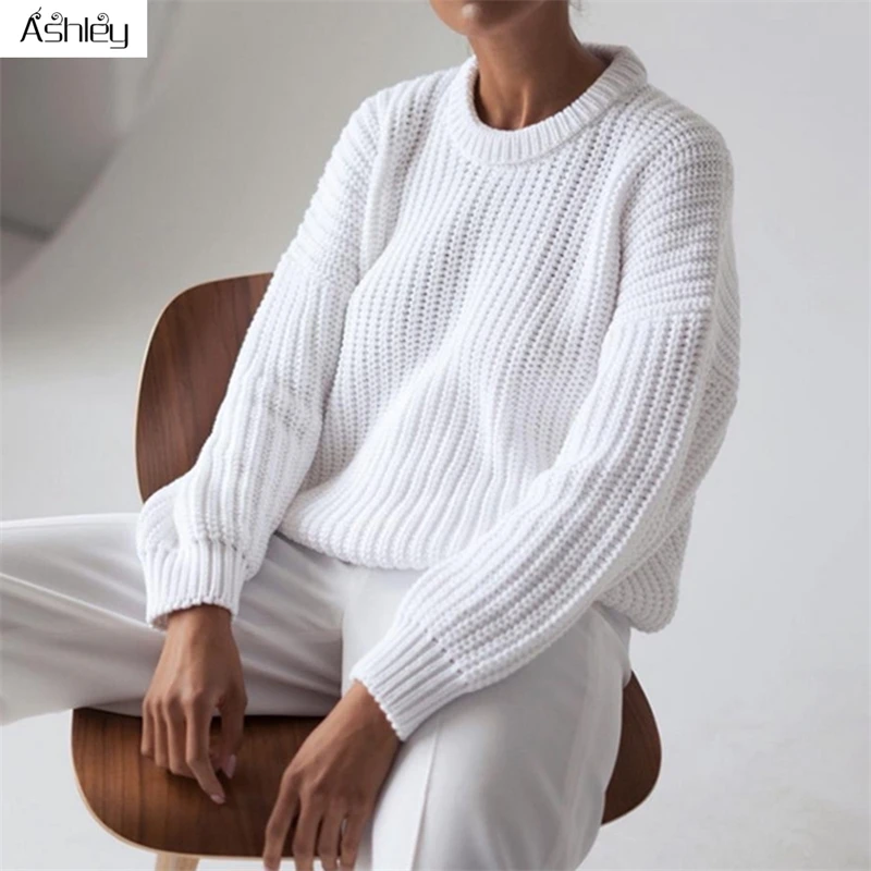 

Ashley Fashion casual soild pullover sweater Chic sheelves sweaters Shoulder pads pullover sweaters for ladies autumn winter