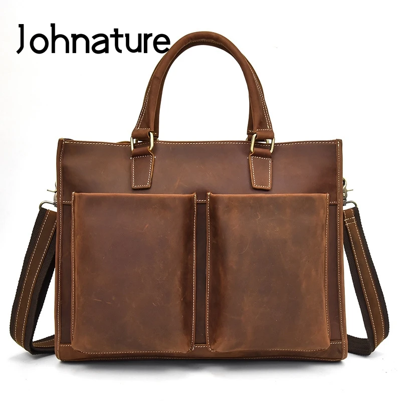

Johnature Crazy Horse Leather Briefcase 2021 New Mens Business Bag Retro Cowhide Handbag Computer Totes Large Men Shoulder Bags