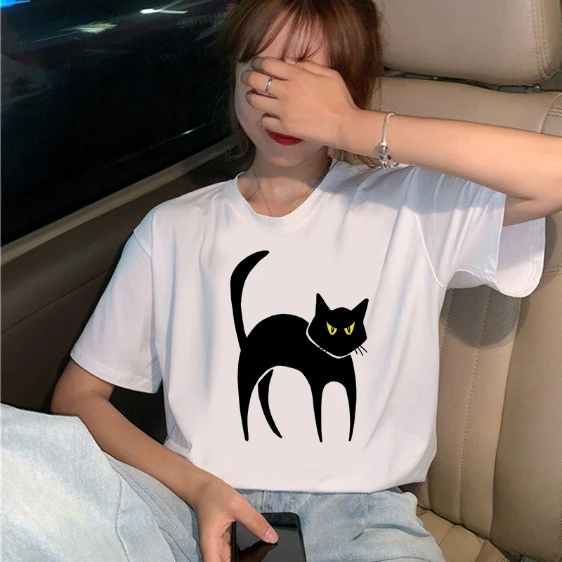 

summer new Funny Black skinny cat T-shirt printed chic Harajuku Neck Casual retro top women's fashion T-shirt