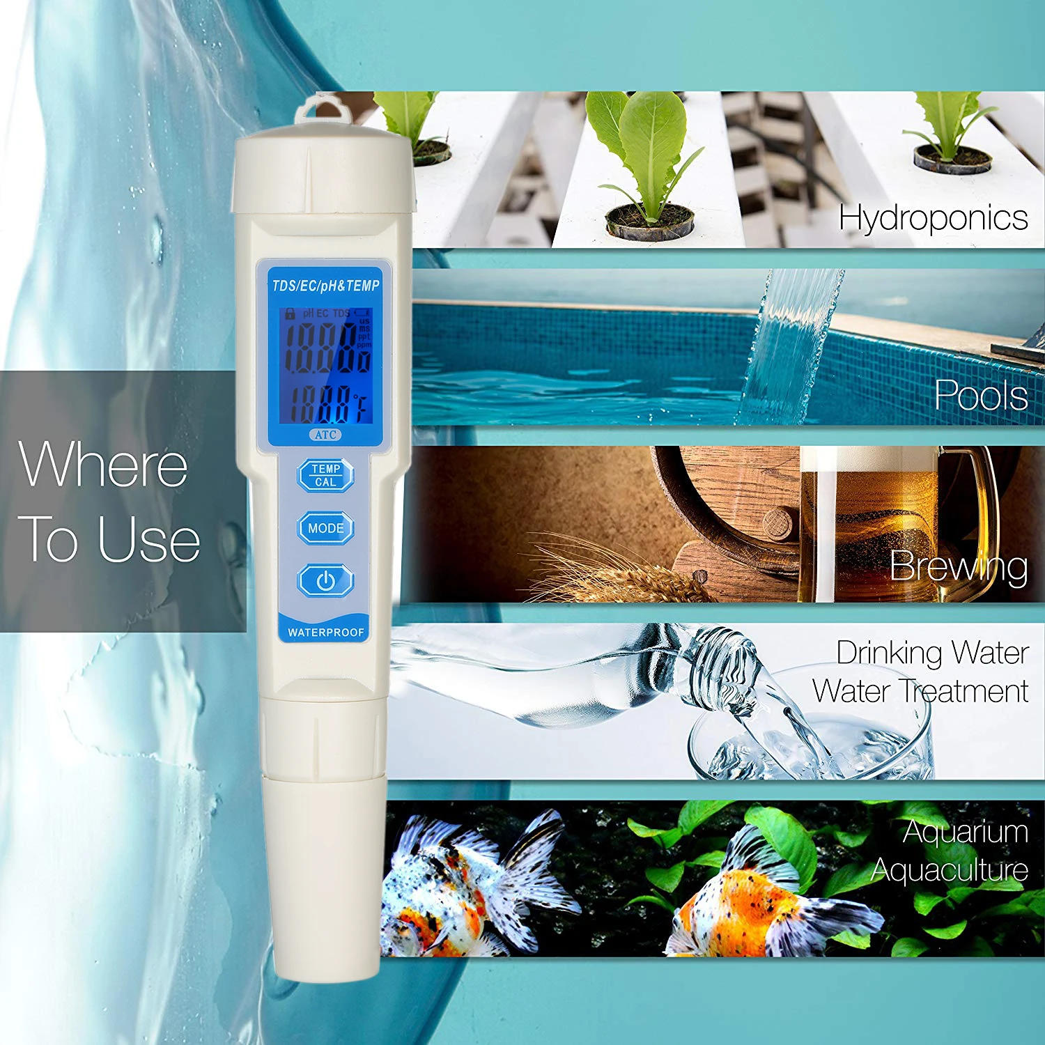 

4-in-1 Water Quality Tester Pen Waterproof Water Quality Analysis Instrument PH/EC/TDS & Temperature Meter with ATC Function