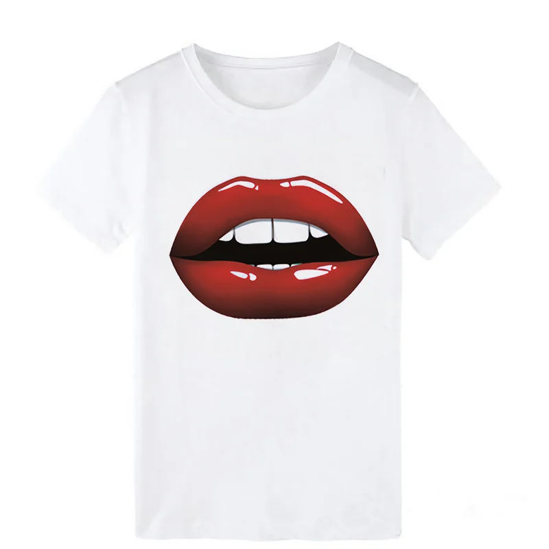 

New Womens Tops Red Mouth Lip Love Print T Shirt Fashion O-Neck Short Sleeve Clothing Tshirt Harajuku Leisure White T-shirts