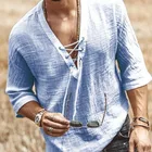 Рубашка мужская с длинным рукавом, хлопок и лен, Повседневная дышащая удобная блуза, модная Стильная однотонная свободная сорочка