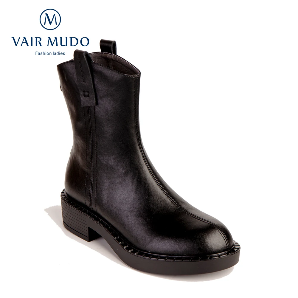 

VAIR MUDO Women Boots Shoes Ankle Round Toe Thick Bottom Platform Genuine Leather Office Lady Slip On Black Women Winter DX158L