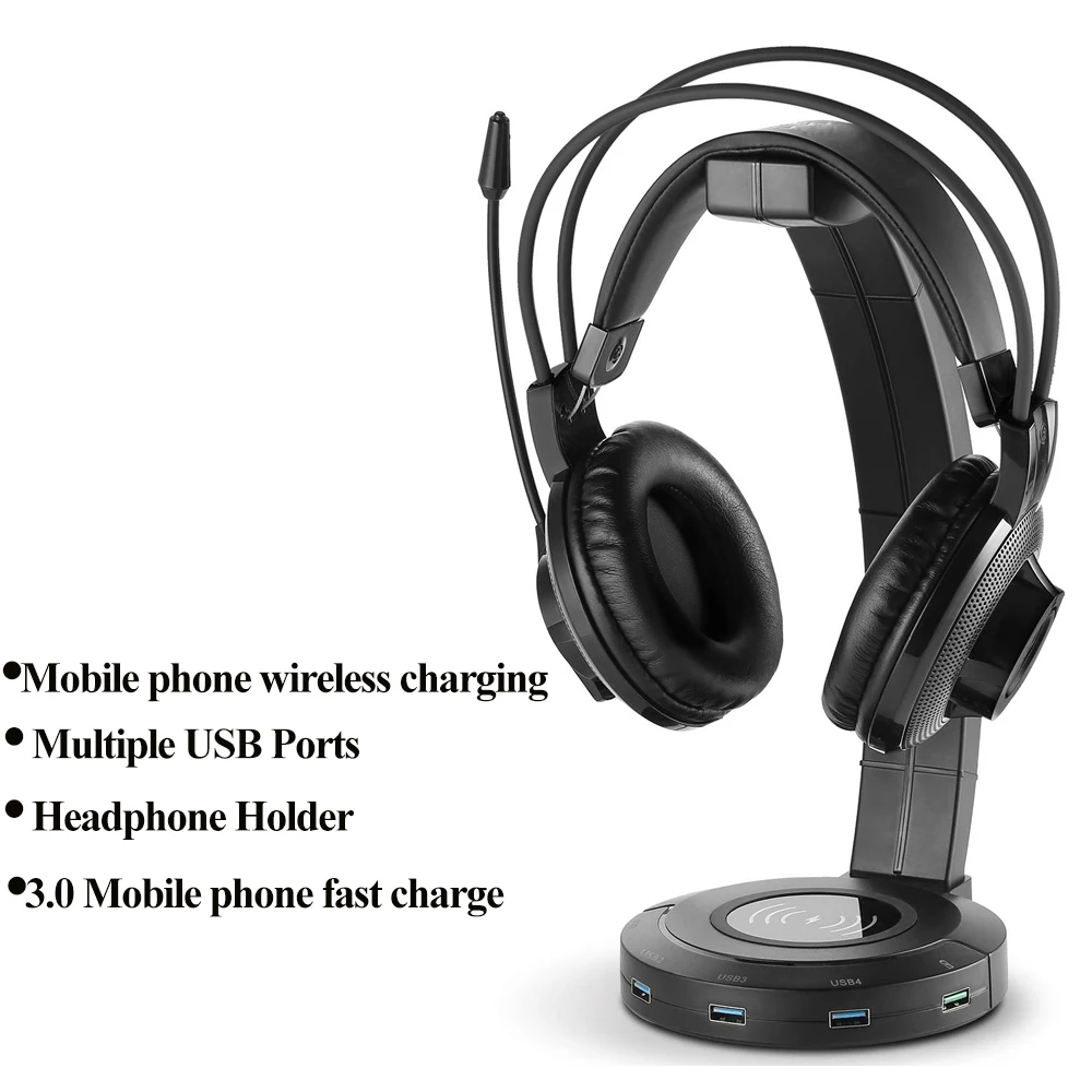 Подставка для наушников befon RGB с 4 USB-портами поддержкой беспроводной зарядки
