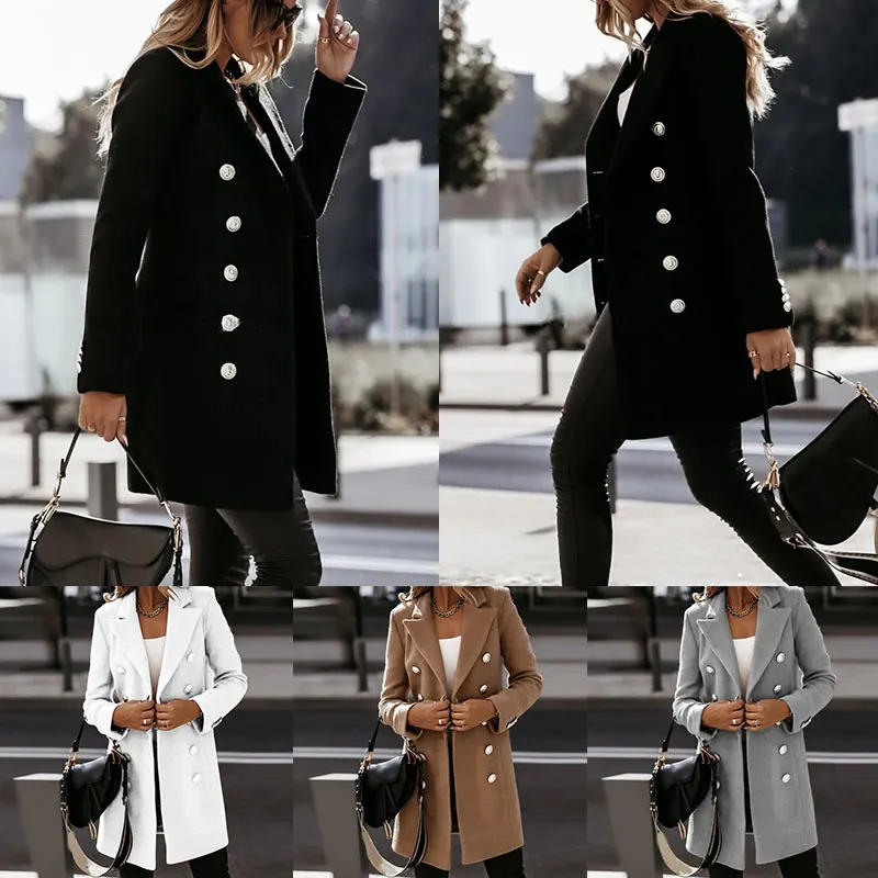 

Women Winter Warm Trench Collared Coat Ladies Solid Color Simple All-match Single Breasted Fashion Long Jacket Overcoat