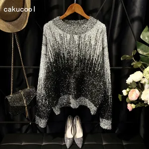 Женский свитер с градиентом Cakucool, Свободный вязаный корейский пуловер серебряного цвета, свитер из люрекса