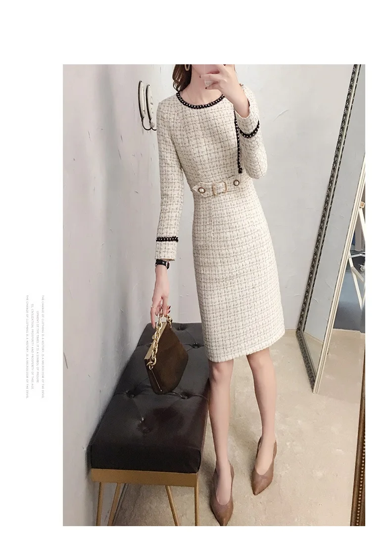 Rice white Новые твидовые женские платья, весенние винтажные шерстяные платья в клетку, женское элегантное шерстяное платье для офиса - Цвет: Rice white