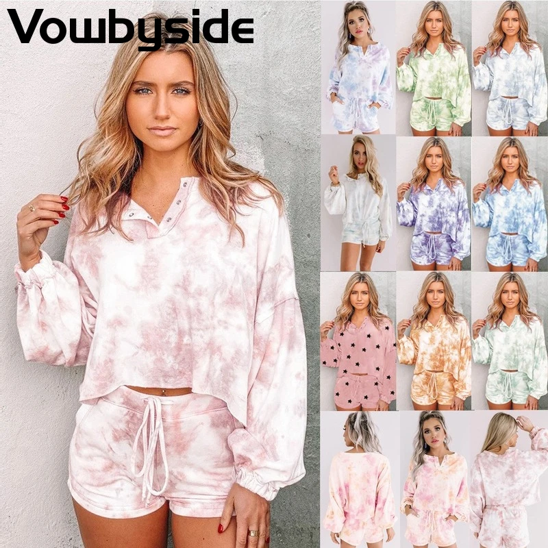 

Women's Suit Loose Tie Dye Round V-neck Long Sleeved T-shirt Casual Short Sets