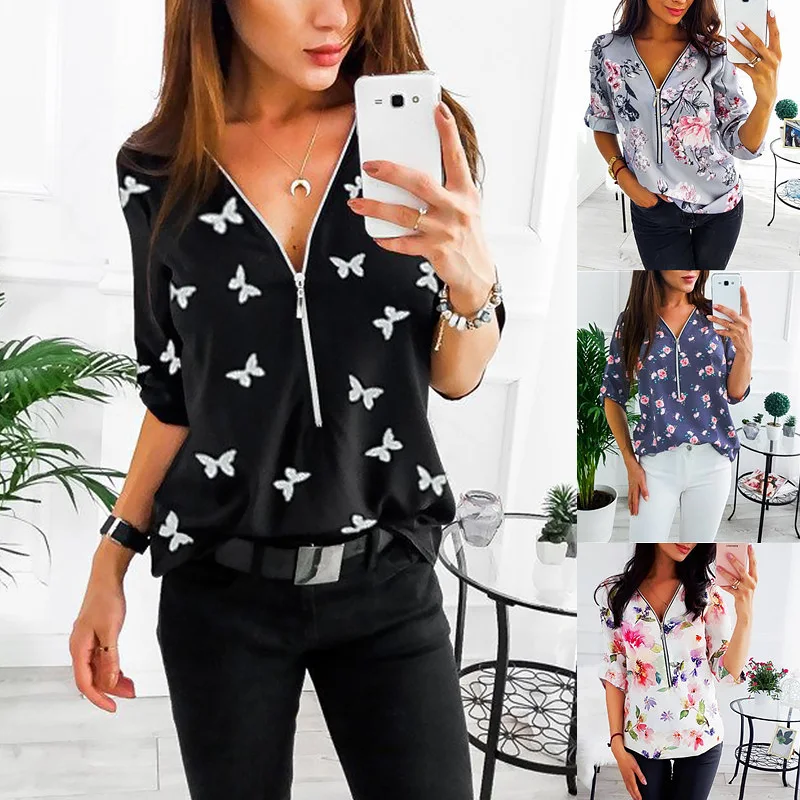 Новинка модная женская блуза с v-образным вырезом на молнии принтом рубашки для