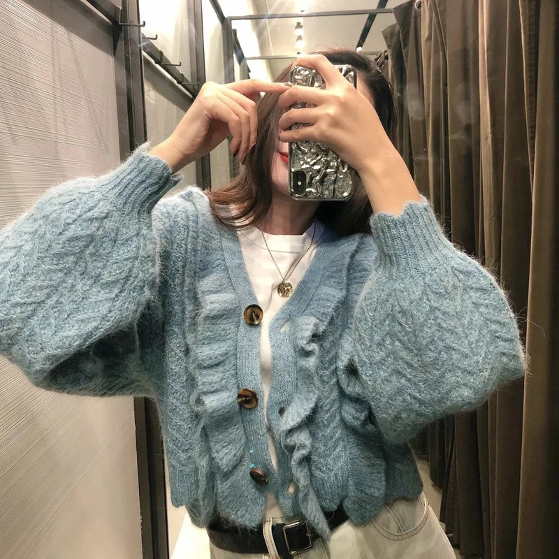 

Fall 2020 Za Women knitted Cardigan Women V-neck Knitted Sweater Retro Ruffled Long Puff Sleeved Cardigan Ladies Loose Sweater