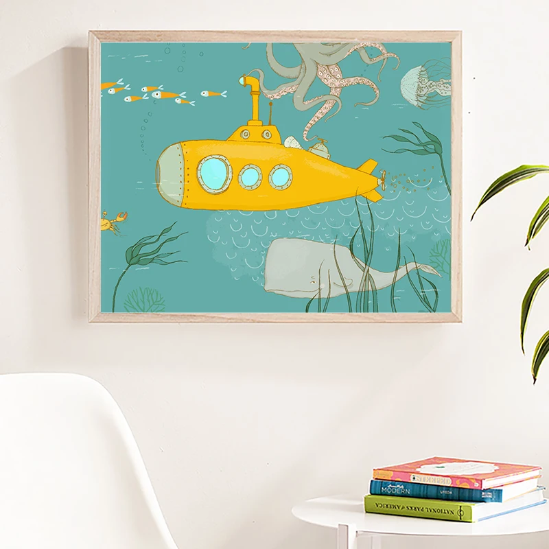 Детская желтая подводная лодка иллюстрация художественные принты мультяшный