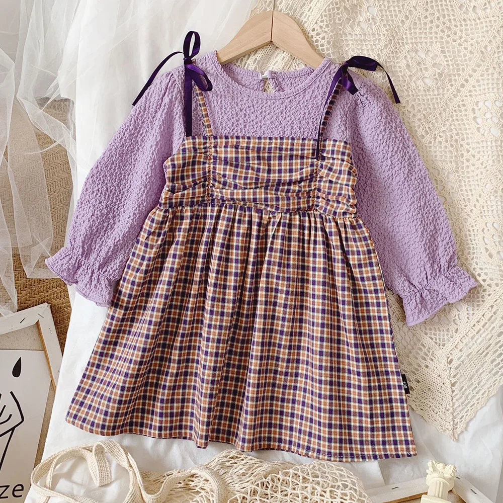

Korean Style Girls Dresses 2021 Autumn Fashion Fake Two Plaid Printing Cotton Princess Dresses Girls Teenager Casual Clothing