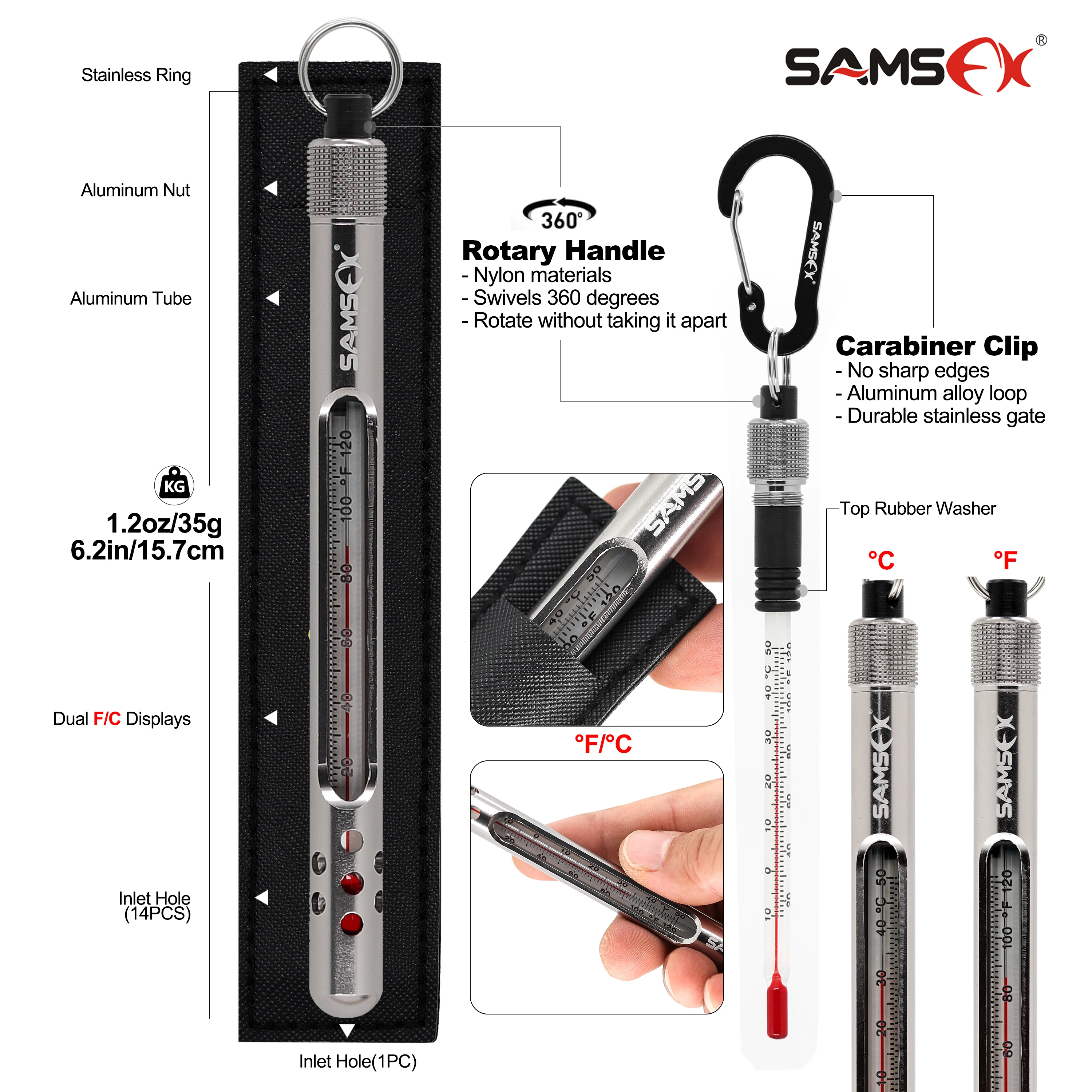 SAMSFX Fishing Thermometer Stream Water Temperature Measurement Fly with Carabiner Accessories | Спорт и развлечения