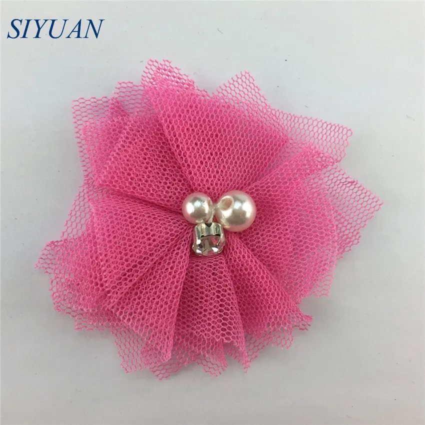 12-rose 10 шт./лот, 5 см, сетка, тюль, Fbric, цветок, стразы, для детей, жемчуг, бисер, шикарная повязка с цветами, сделай сам, аксессуары для волос F27 - Цвет: 12-rose