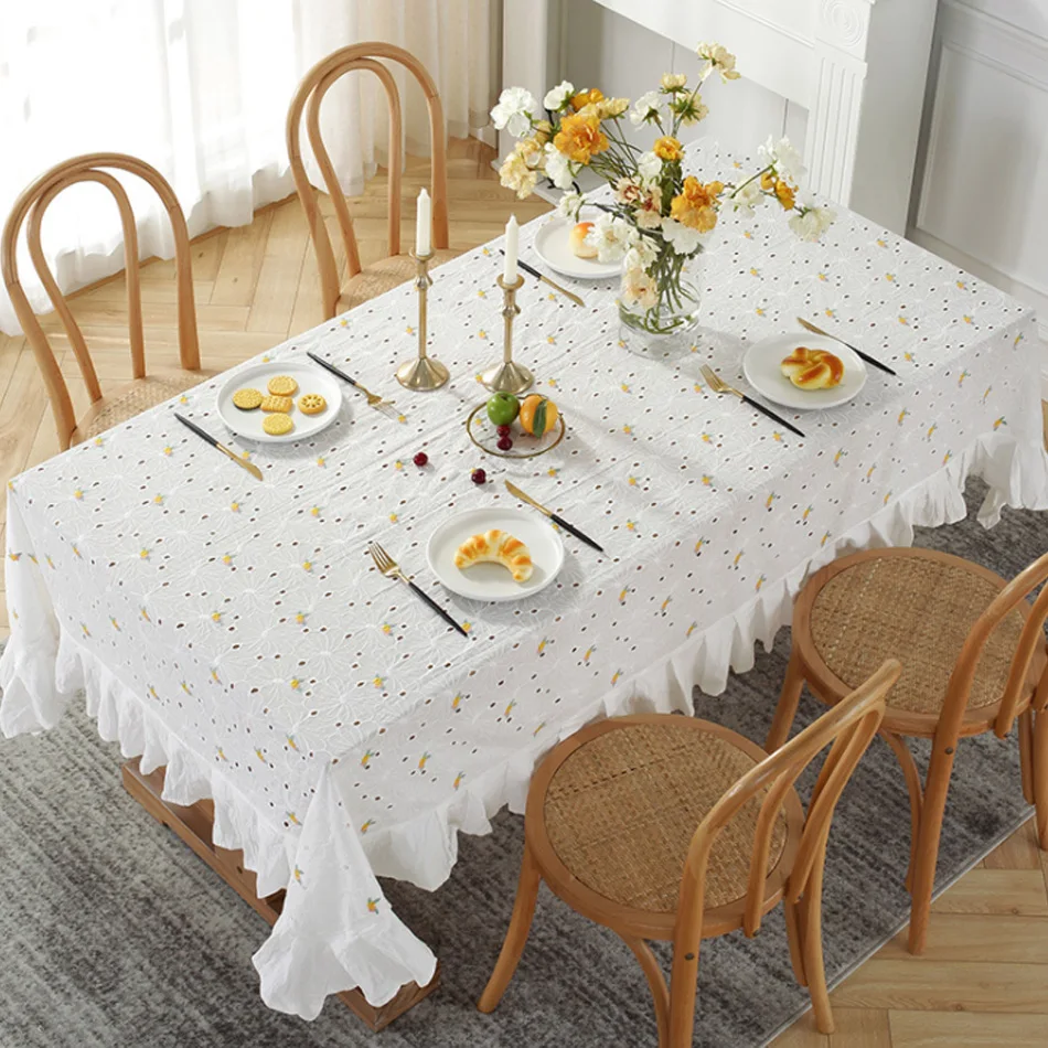 

Modern Simple White Hollow Embroidery Yellow Flower Ruffled Washable Rectangular Tablecloth Home Coffee Table TV Counter Cloth
