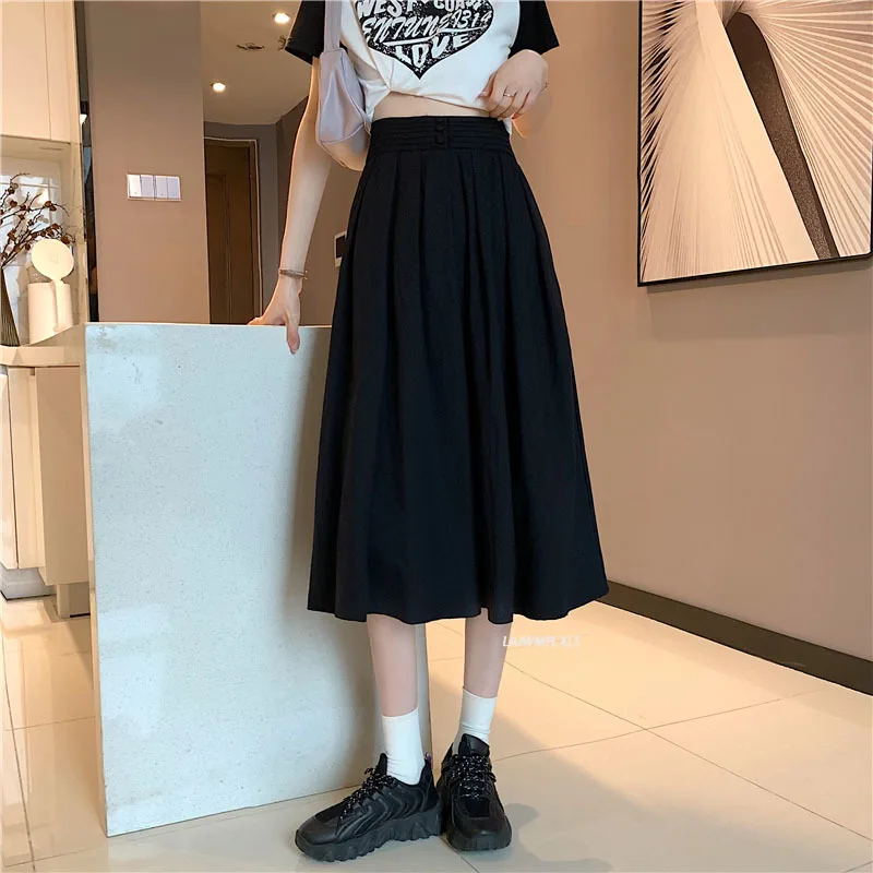 

Summer 2021 Elegant Pleated Women Skirt Midi Solid Color Work Wear Vintage Fashion High Waist Skirts Casual Black Jupe Femme