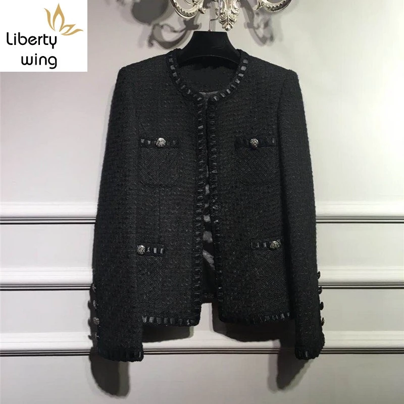 Новый модный элегантный подиумный роскошный черный твидовый кардиган с круглым
