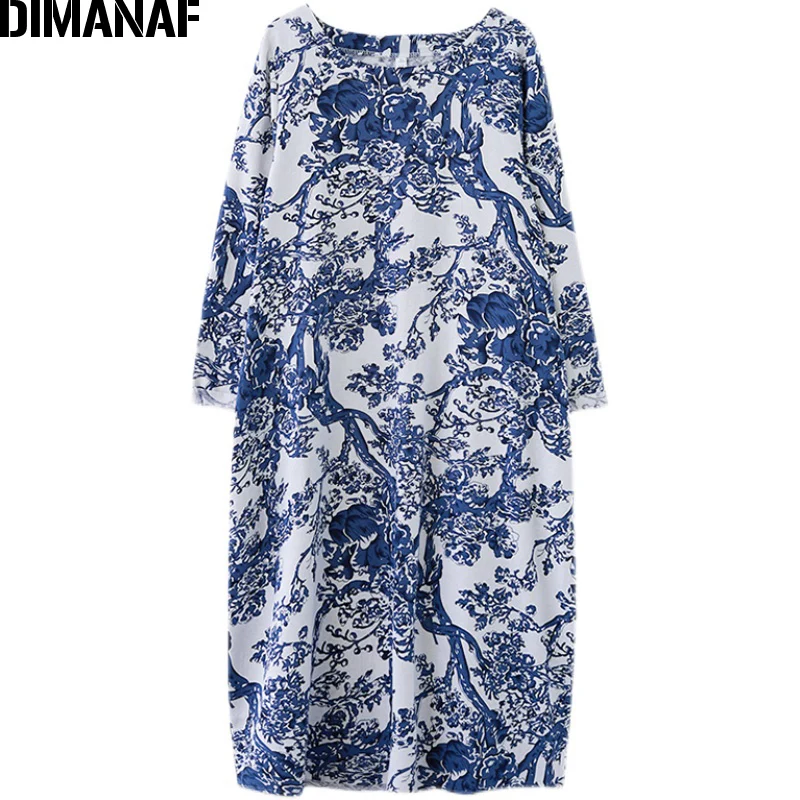 

DIMANAF Autumn Dress Oversize Women Clothing Floral Printing Casual Loose Vintage Elegant Lady Long Sleeve Dress Cotton Linen