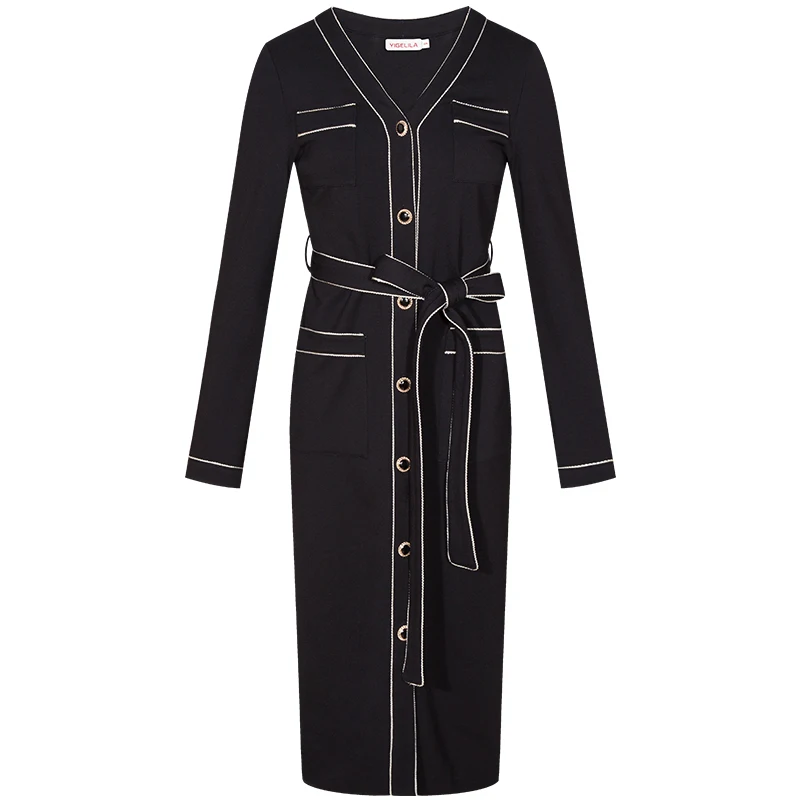 YIGELILA высококачественное черное платье с v-образным вырезом однобортное длинными