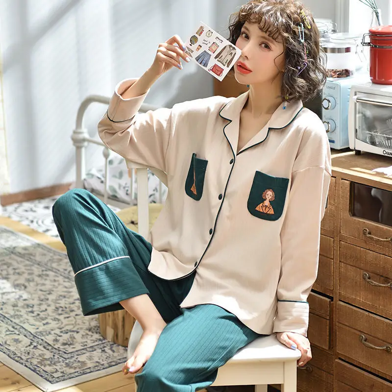 Ins Cotton Pajamas Women Spring and Autumn Students Korean Version of The Cute Long-sleeved Cardigan Models of Home Clothing Set