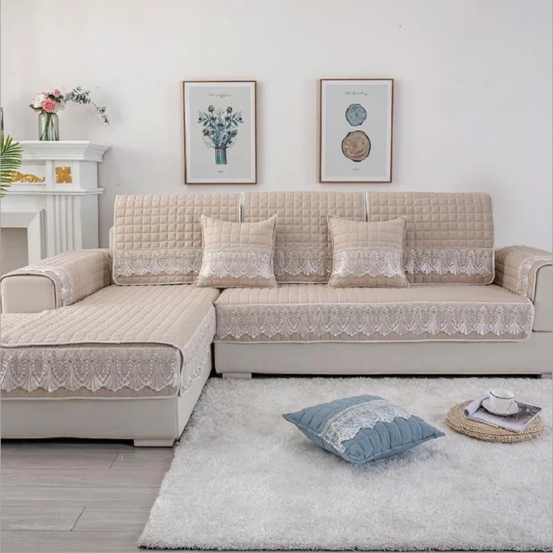 Солидный дизайн пледа для дивана из хлопка с кружевом для домашних животных, детей и защиты мебели, устойчивый к стирке, съемные чехлы для подлокотников.