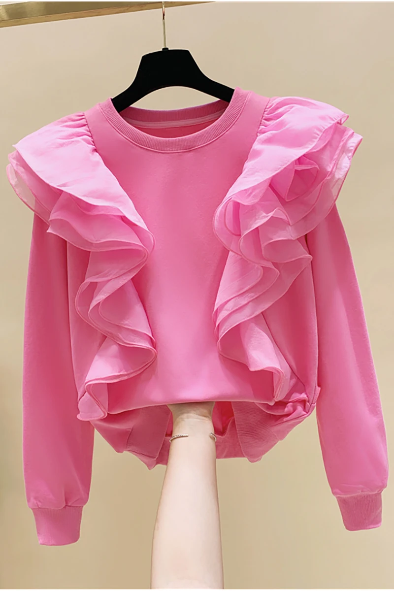 

Mesh Patchwork Ruffled Round Neck Pullover Loose Sweatshirts Women's 2021 Spring New Korean Style Hoodies Femme Top Clothes