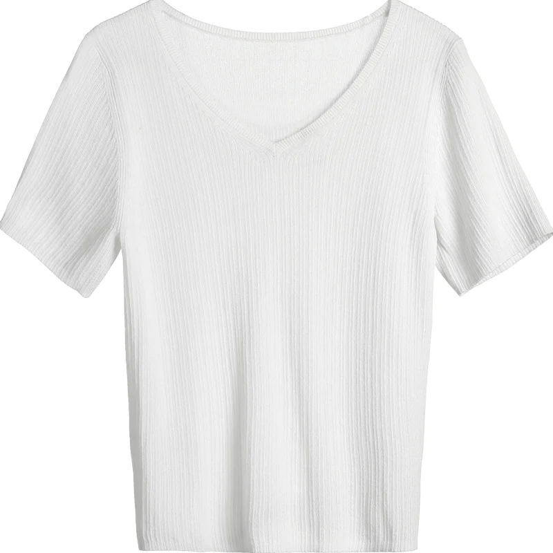 

Women's Knitted Top 2021 Summer New Slim V-neck Short Sleeve Large Size Thin Short Western Style Undershirt