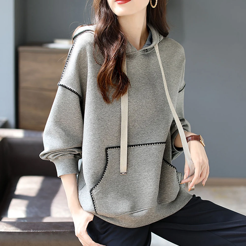 Женская толстовка с капюшоном однотонная Толстовка в Корейском стиле карманами
