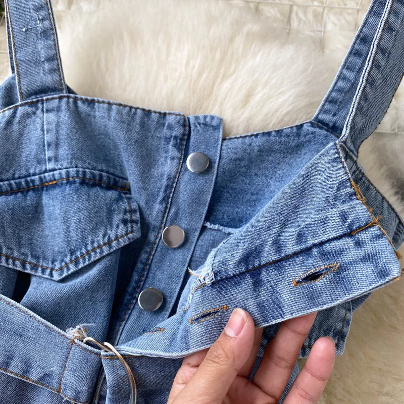 Женский джинсовый комбинезон с карманами Свободный без рукавов широкими