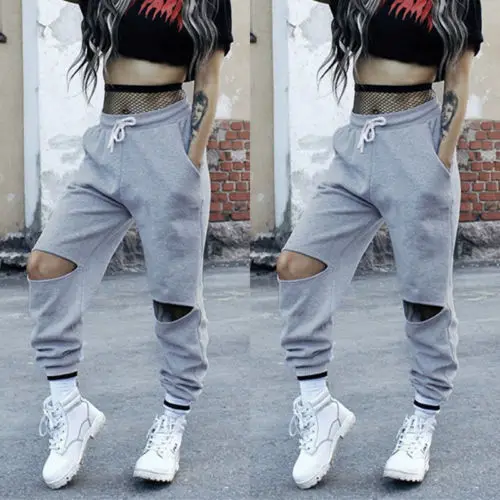 Женские Длинные шаровары с высокой талией серые свободные штаны дырками