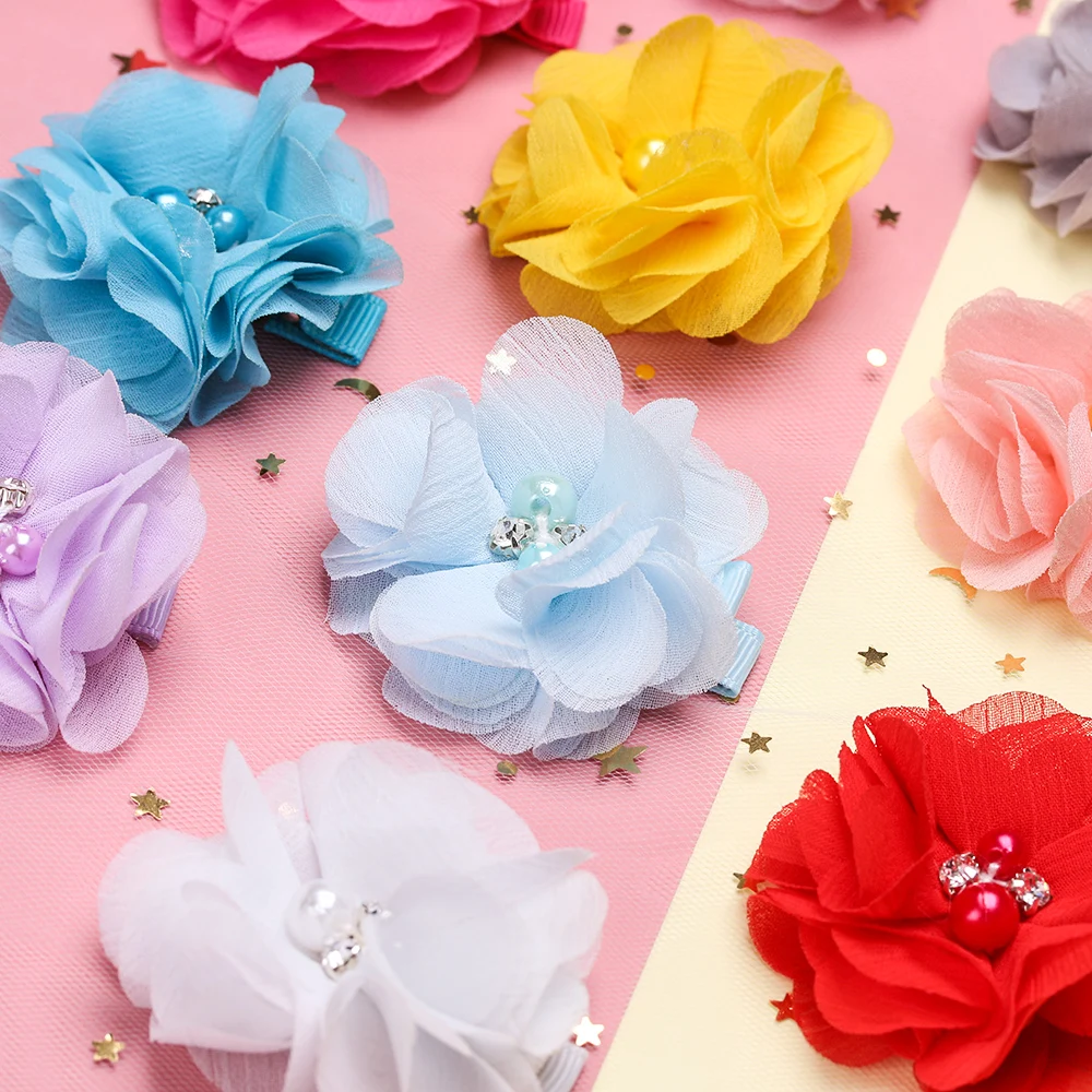 Baby girl Pearl Rhinestone Flowers Clips Girls Chiffon Fabric Hair Accessories Lovely Handmade Children's Gift Headwear | Детская