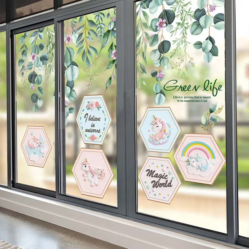 

Cartoon Unicorn Animals Wall Stickers DIY Green Leaves Wall Decals for Kids Rooms Living Room Kitchen Nursery Home Decoration